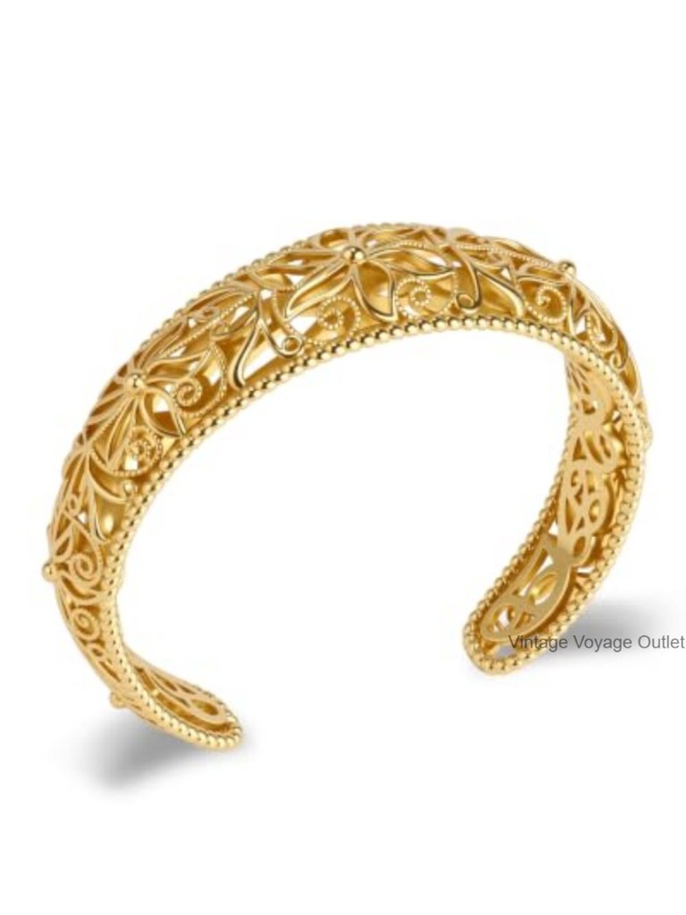 Gold Plated Floral Filigree Open Cuff Bracelet Wide Statement